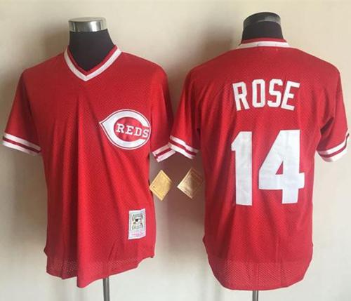 Mitchell And Ness Reds #14 Pete Rose Red Throwback Stitched MLB Jersey - Click Image to Close